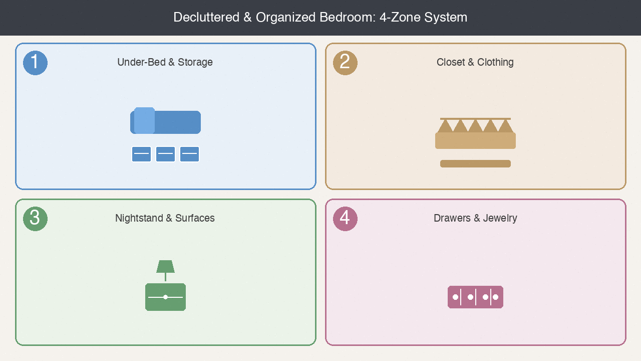 4-zone bedroom organization system infographic showing labeled areas for storage, closet, nightstand, and drawers