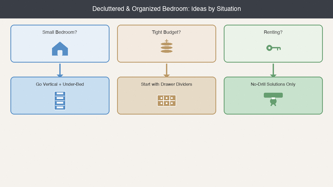 Decision tree infographic showing bedroom organization choices by room size, budget, and rental status