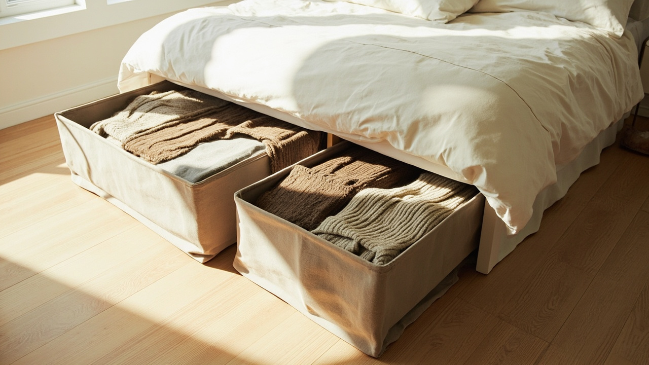 Under-bed storage containers pulled out showing folded blankets and seasonal clothes in fabric bins