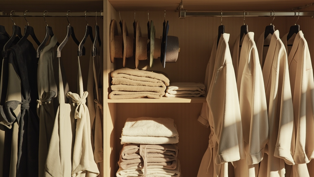 Organized bedroom closet with color-coordinated clothes on matching hangers and a hat organizer on the wall