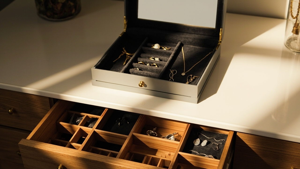 Dresser top with open jewelry box showing organized rings and necklaces beside bamboo drawer dividers