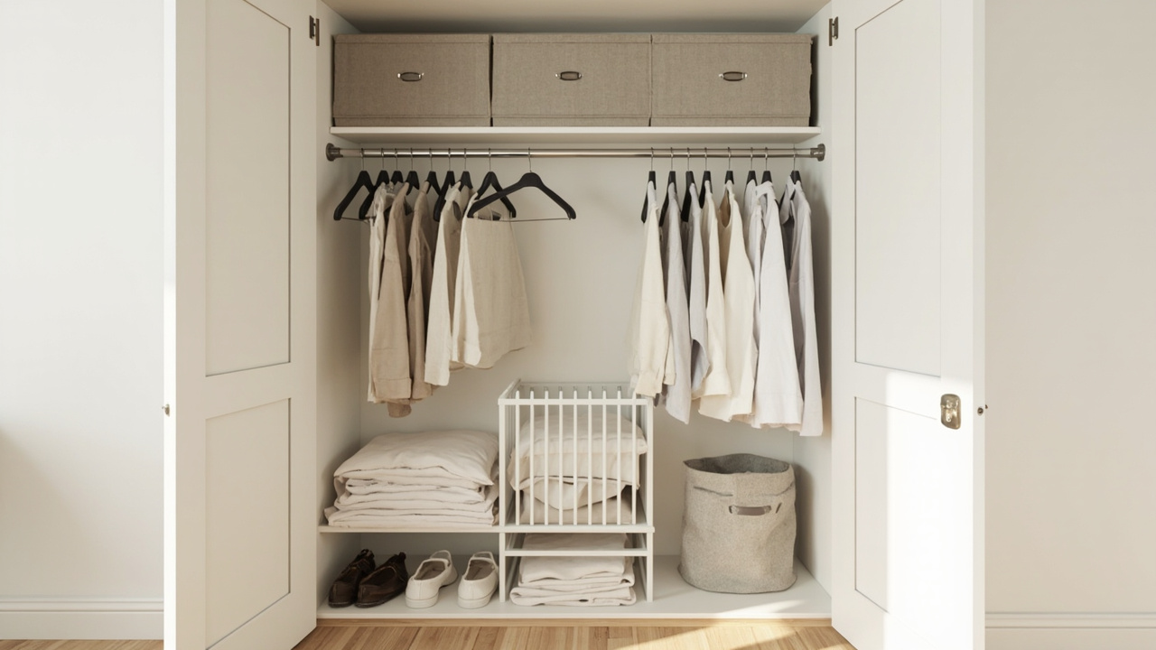 Four storage levels in one closet: boxes on the top shelf, a hanging rod, folded linens mid-shelf, a floor hamper