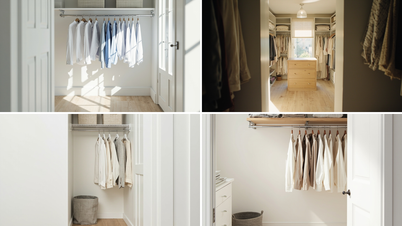 Four-panel grid of closet layouts: a reach-in with one rod, a walk-in aisle with a dresser, a narrow closet, an open rack