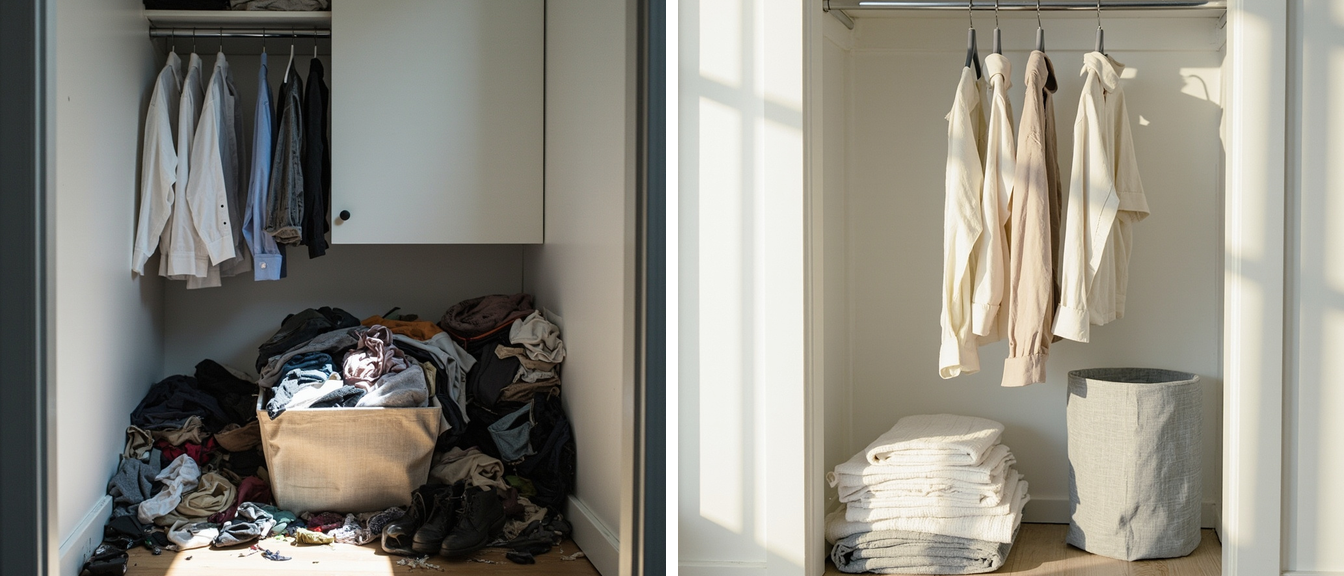 Before and after split of one closet: left, clothes heaped on the floor with shoes; right, a single rod above folded linens