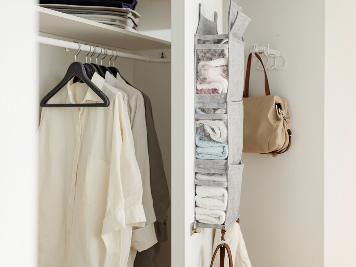 Closet door fitted with a mesh-pocket over-door organizer and two hooks holding a handbag, beside a hanging rod of shirts