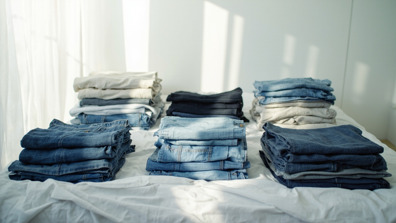 Bedroom with neatly folded stacks of clothing laid out on a bed for a KonMari clothes audit.