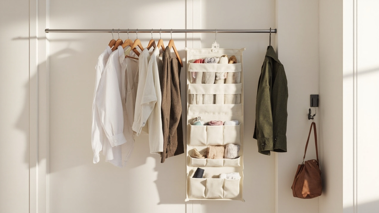 Vertical wall storage: wall-mounted rail with wooden hangers, fabric pocket organizer, and a wall hook holding a tote bag.