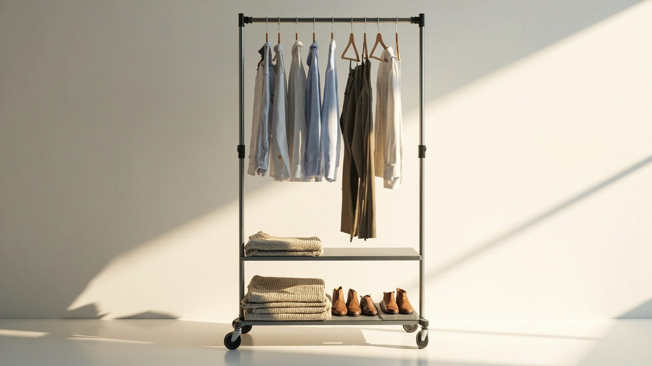 Rolling garment rack with shirts on hangers, folded knitwear, and shoes arranged on the lower shelves.