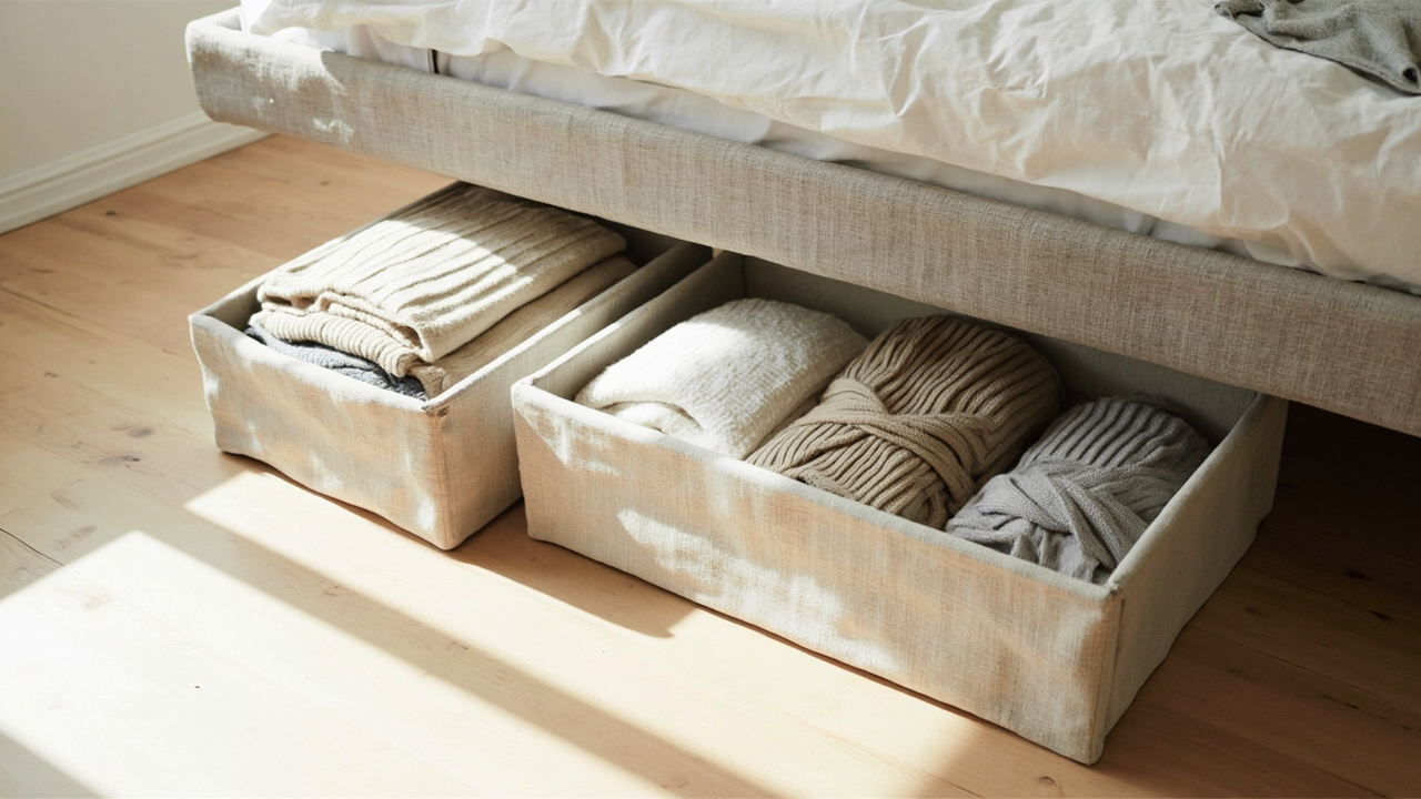 Under-bed storage: two fabric bins under a platform bed holding folded sweaters and blankets.