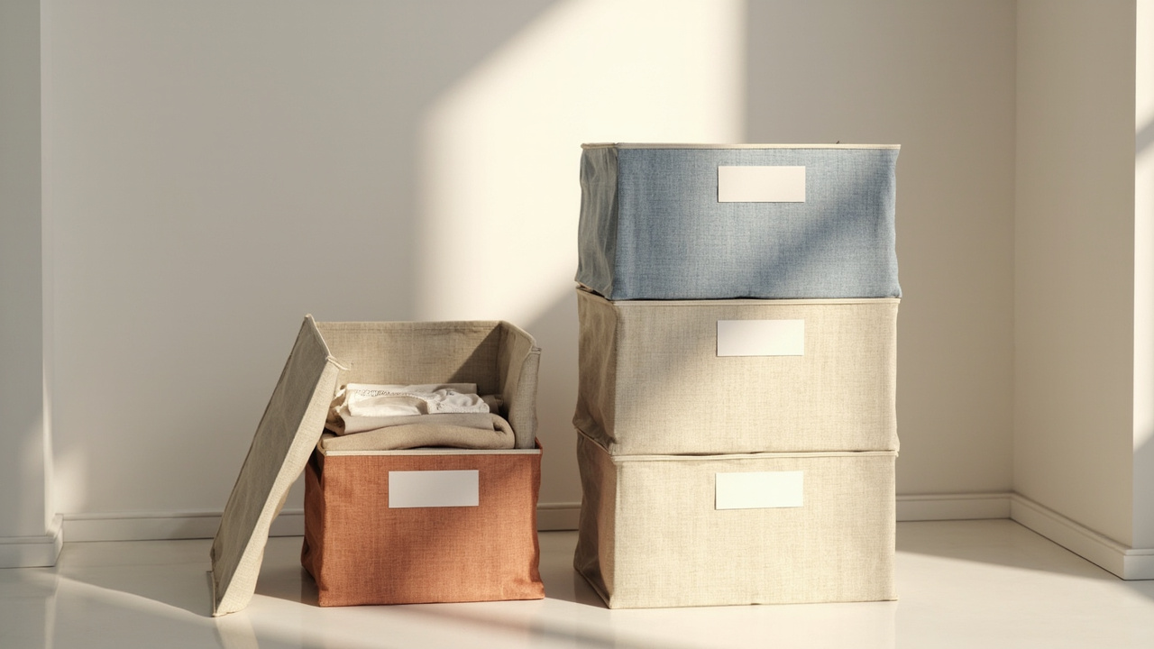 Seasonal rotation: stack of three fabric bins plus a separate open bin showing folded seasonal clothes inside.