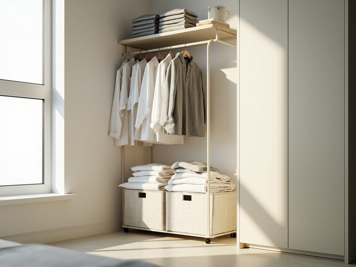 Organized no-closet bedroom: wardrobe with shirts hung, folded linens stacked on top, and two fabric bins below on wheels.