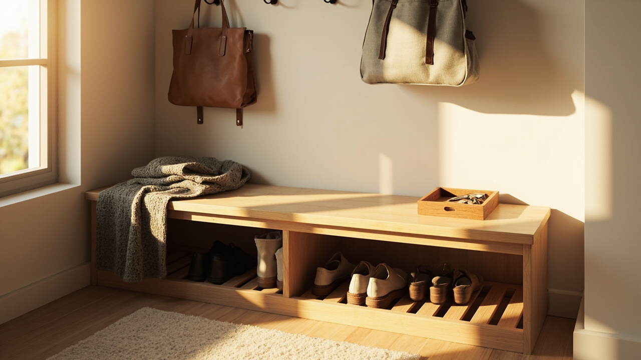 Organized entryway bench with shoe cubbies, wall hooks with bags, and a clear seating surface