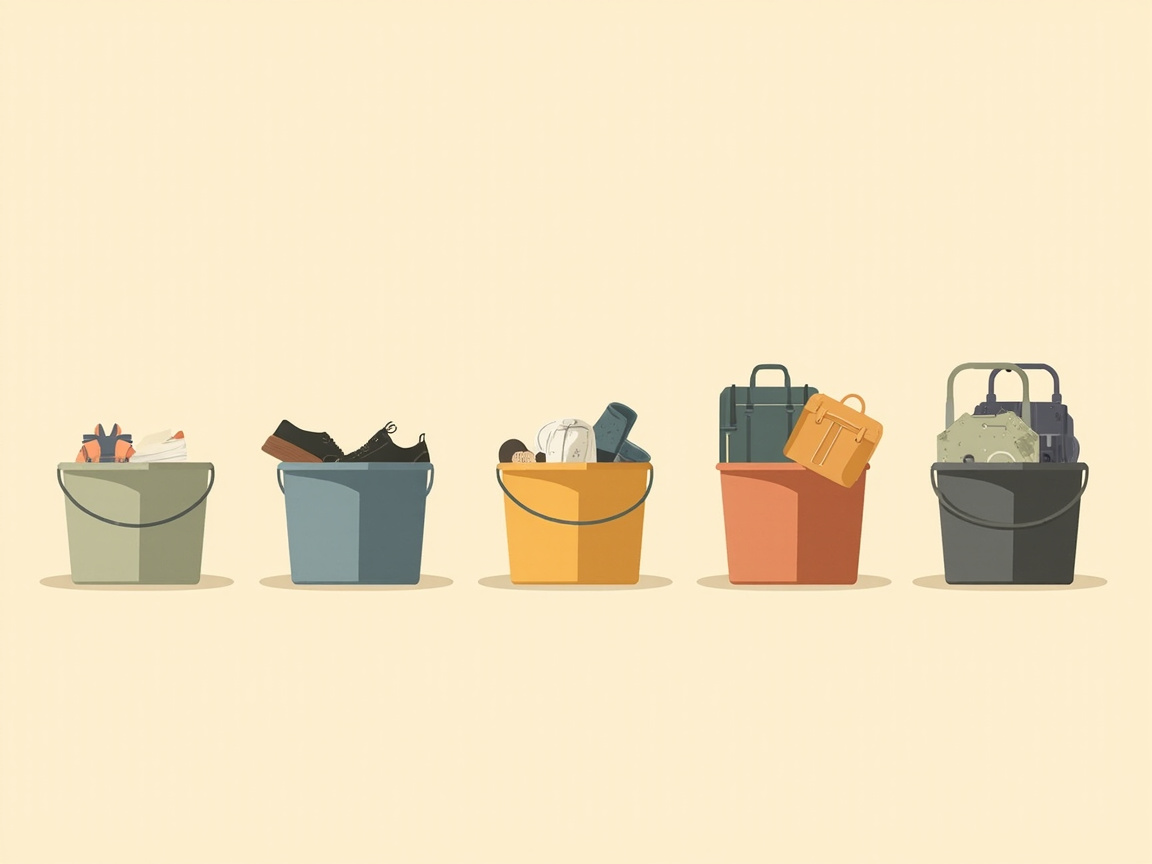 Five-bucket family split showing Keep Here, Relocate, Laundry, Trash, and Tomorrow Launch-Out buckets in a row