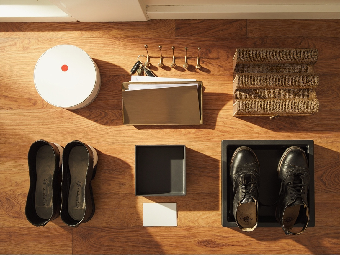 Flat-lay of the 6-tool reset kit: timer, Command hooks, mail basket, valet tray, rubber boot tray, chalk labels