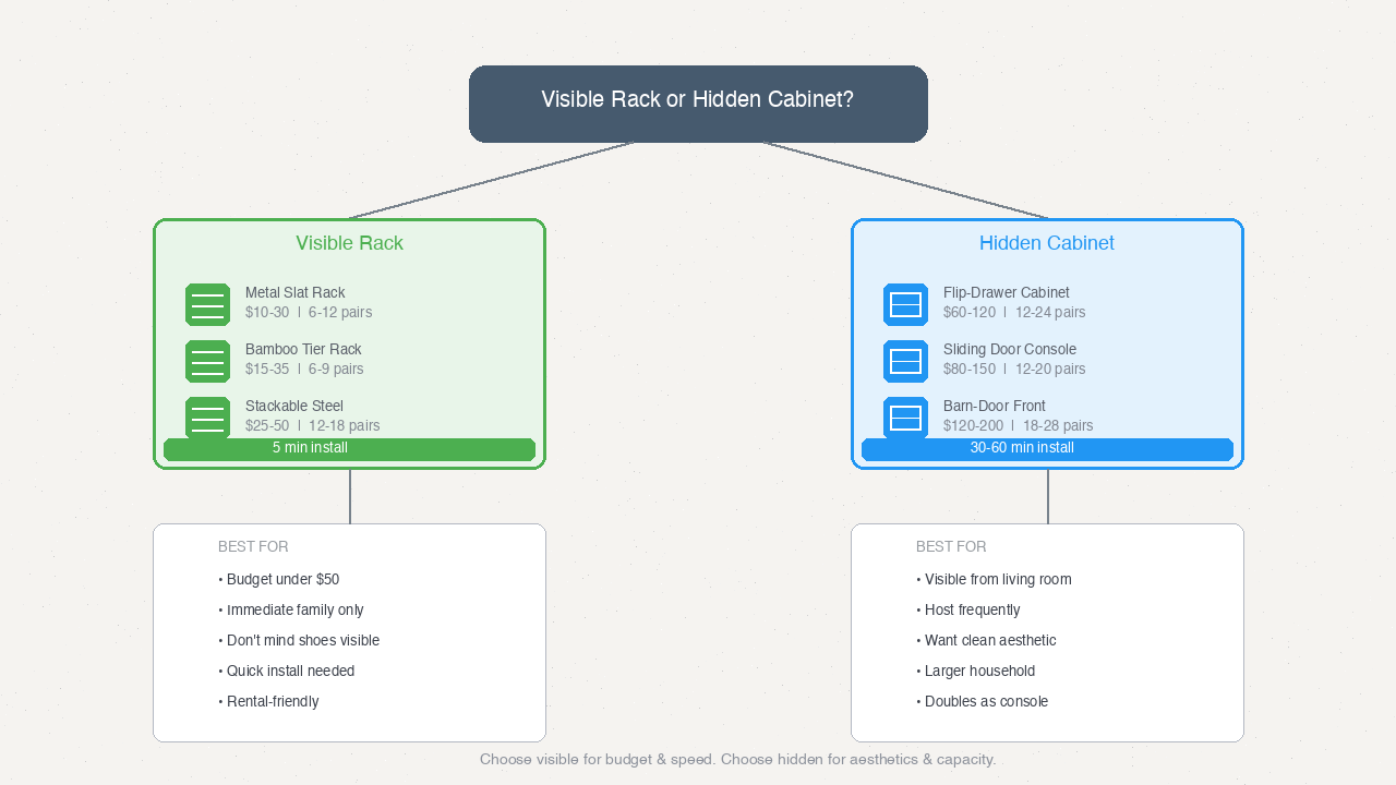 Decision flowchart comparing visible shoe rack versus hidden flip-drawer cabinet based on budget, capacity, and install time