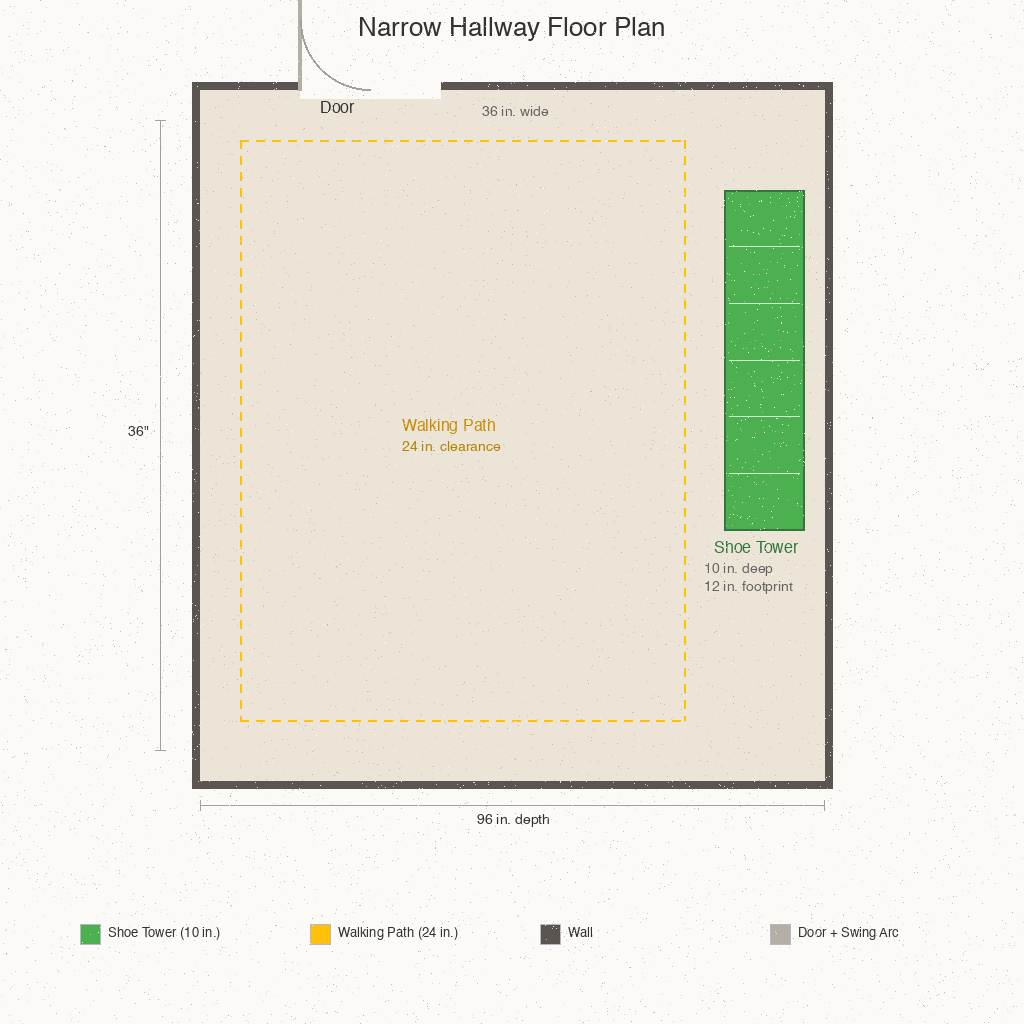 Top-down floor plan of a 36-inch hallway with a 10-inch shoe tower against the wall opposite the door swing