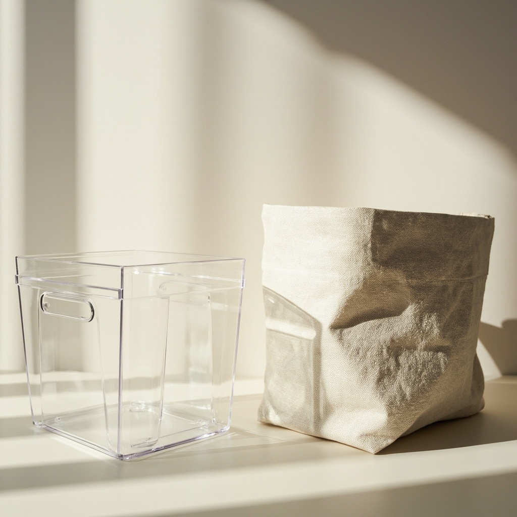Side by side comparison of clear plastic bin and opaque fabric bin on shelf