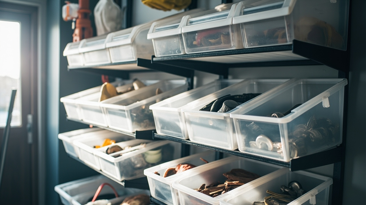 Tidy garage shelf with heavy-duty plastic bins holding tools and equipment