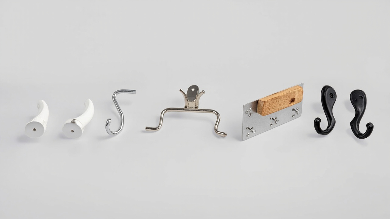 Five hook types side by side: adhesive, over-the-door, wall-mounted, pegboard, and heavy-duty garage hooks