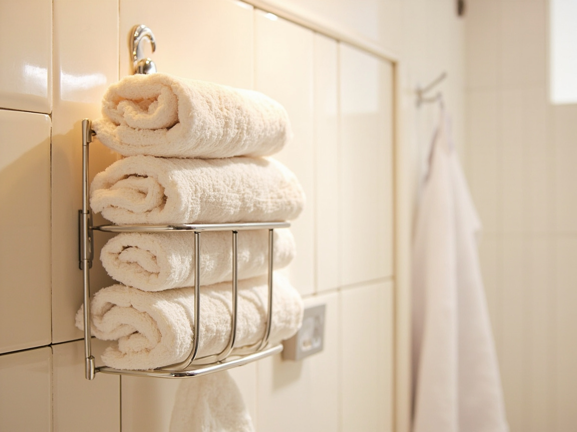 Small bathroom with over-the-door hook rack holding towels and Command hooks for washcloths on tile