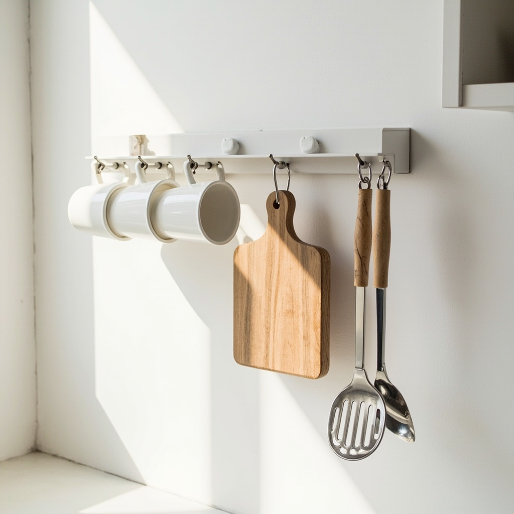 Kitchen wall with rail and hooks holding utensils, mugs, and small cutting boards in Scandinavian style
