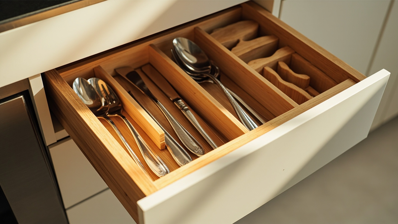 Open kitchen drawer with a bamboo silverware organizer holding forks, knives, and spoons