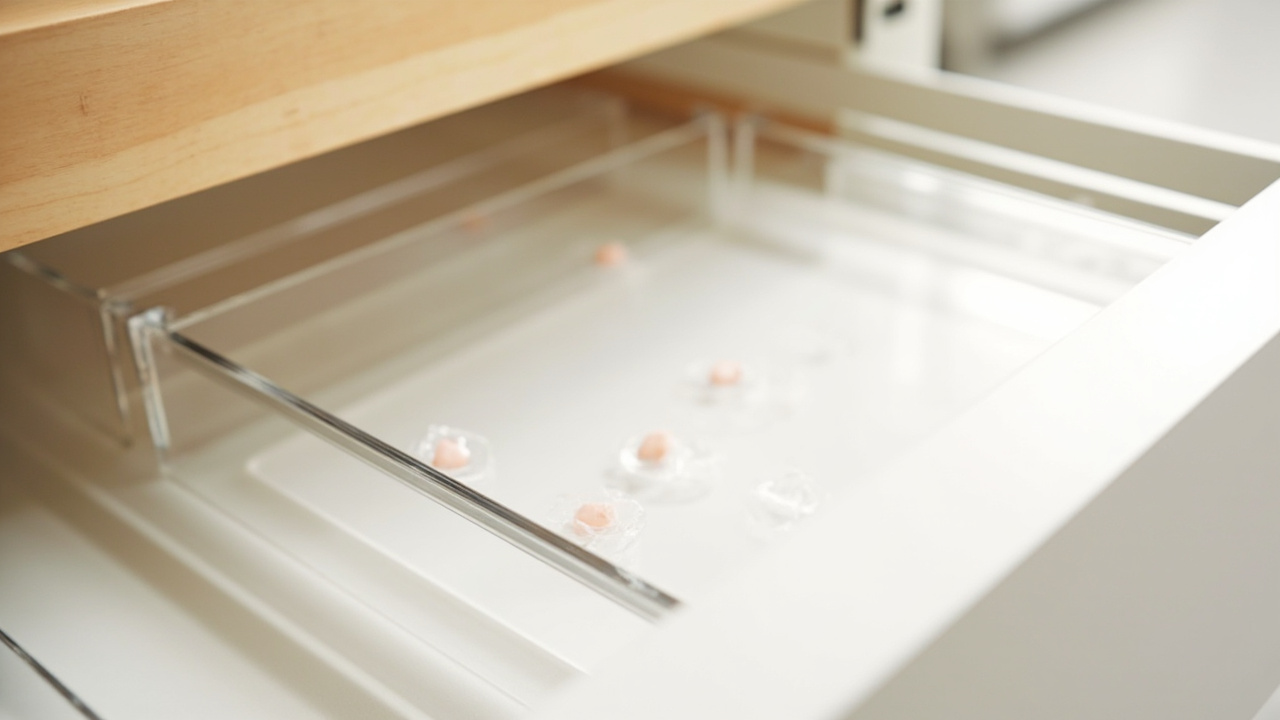 Open kitchen drawer with clear trays and round silicone non-slip pads on a tray underside