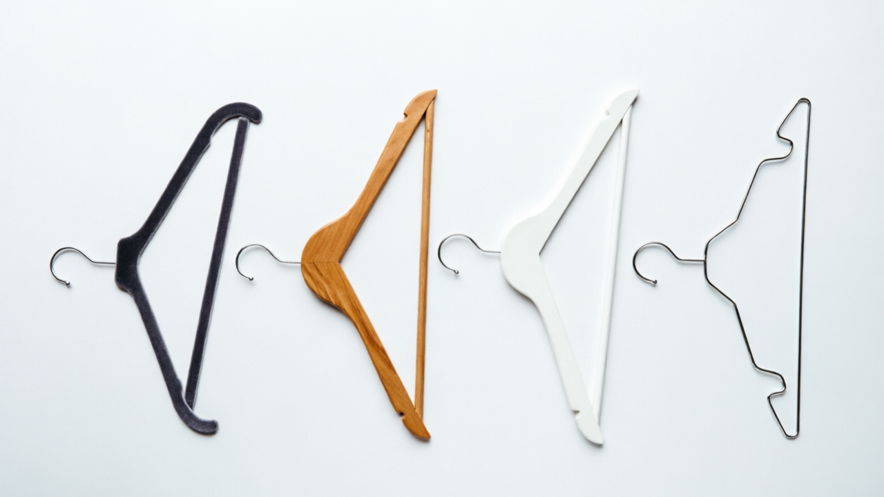Side-by-side comparison of velvet wooden plastic and wire clothes hangers showing different materials