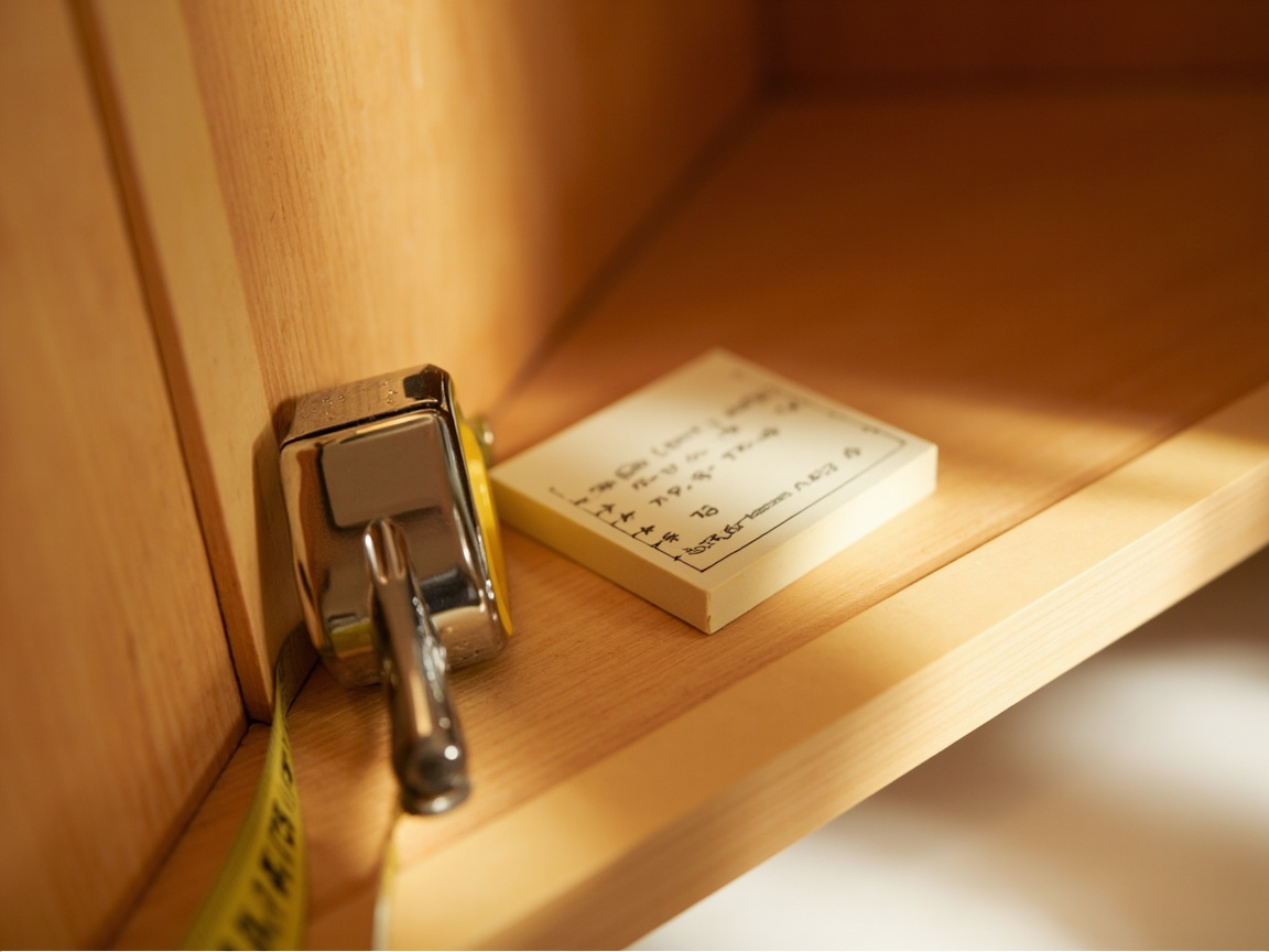 Tape measure inside a kitchen cabinet with notepad showing the four dimensions to measure before buying shelf organizers
