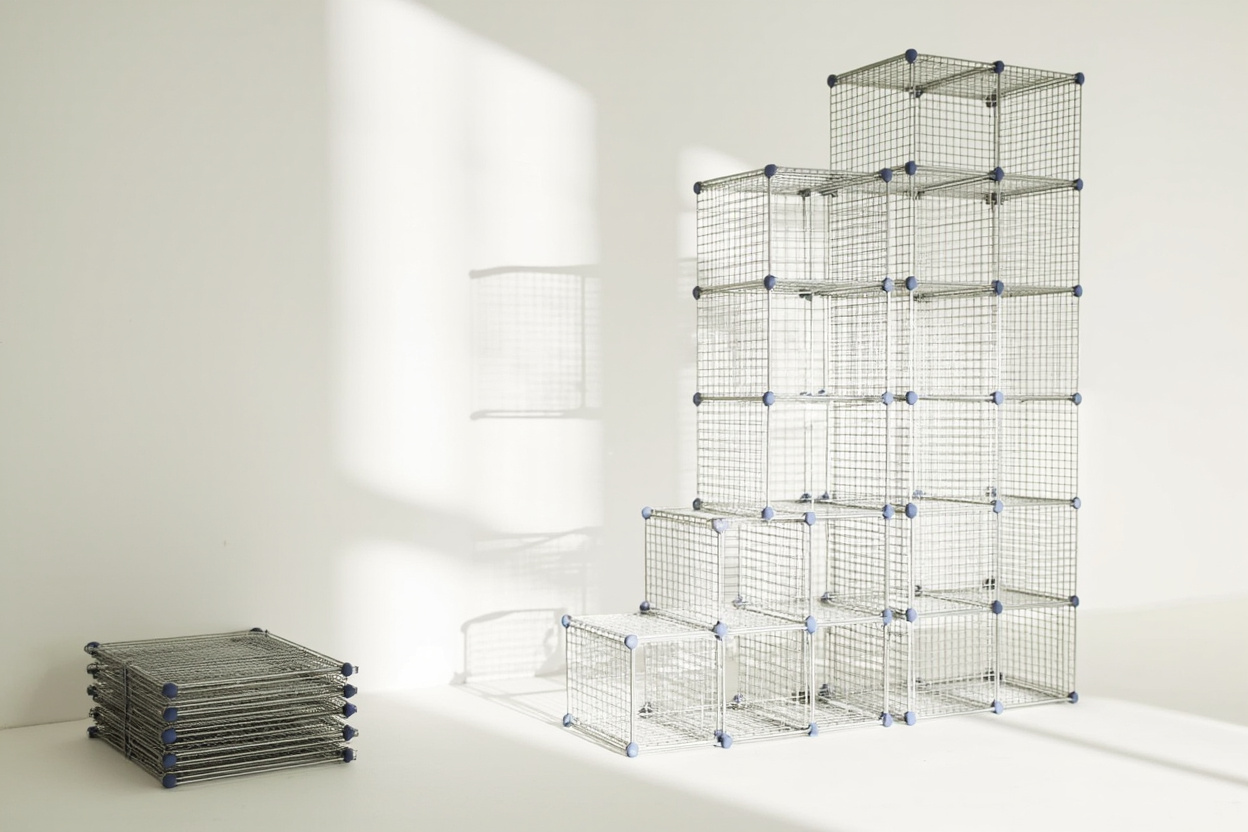 Modular wire cube storage system expanded from 6 to 12 cubes showing stackability and add-on capability