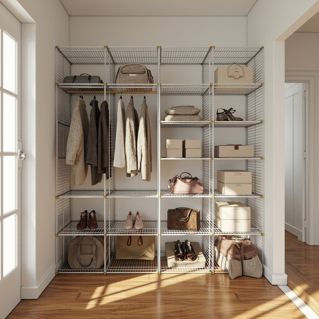 Walk-in closet with 6-cube wire grid organizers holding folded sweaters, handbags, and accessories