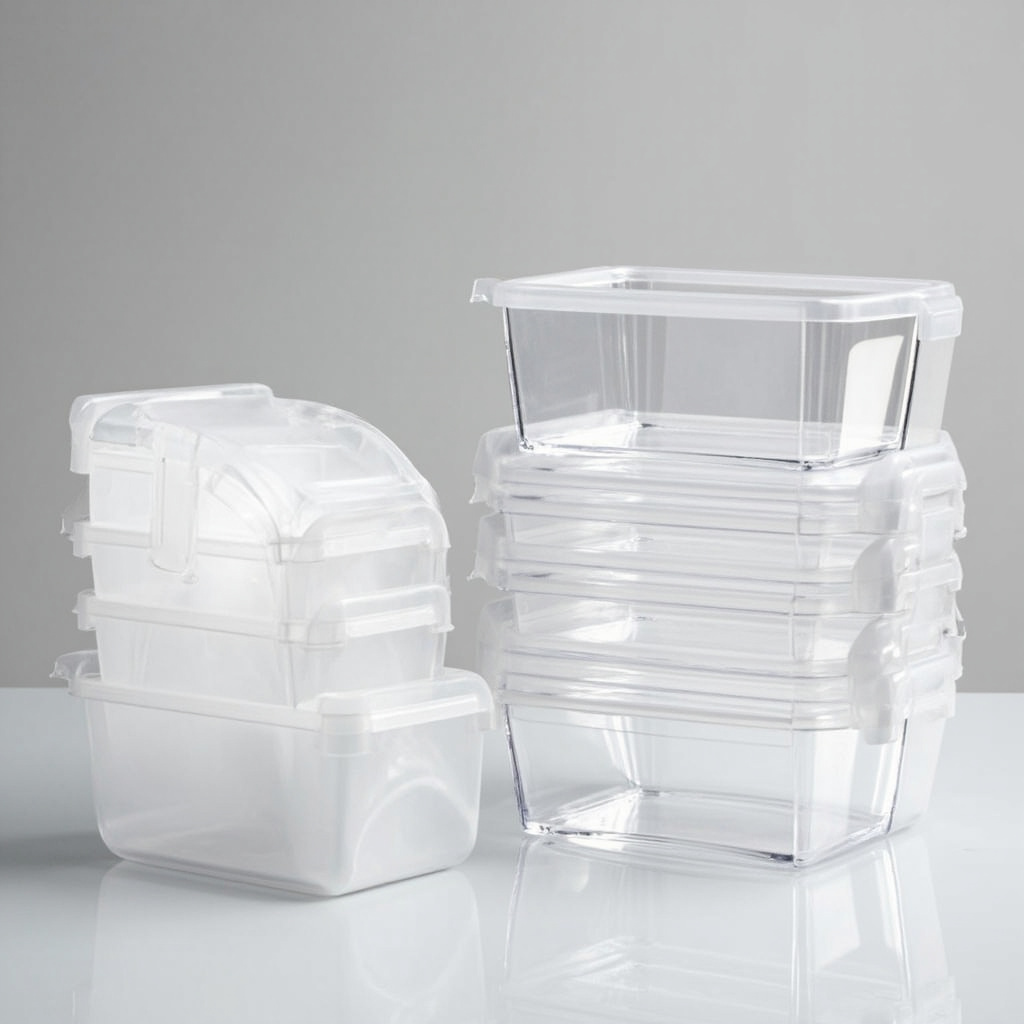 Stack of clear storage bins showing nested when empty and stacked when full design