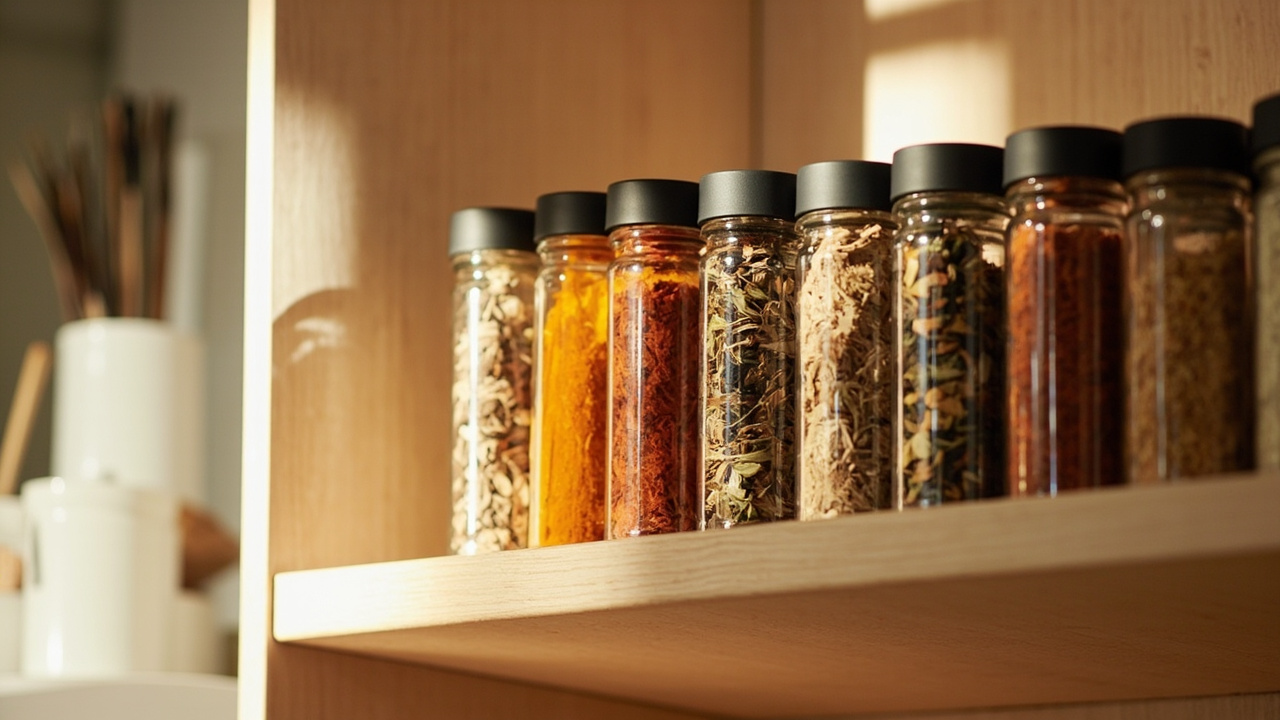 Kitchen cabinet with door-mounted spice rack showing rows of matching jars visible from front
