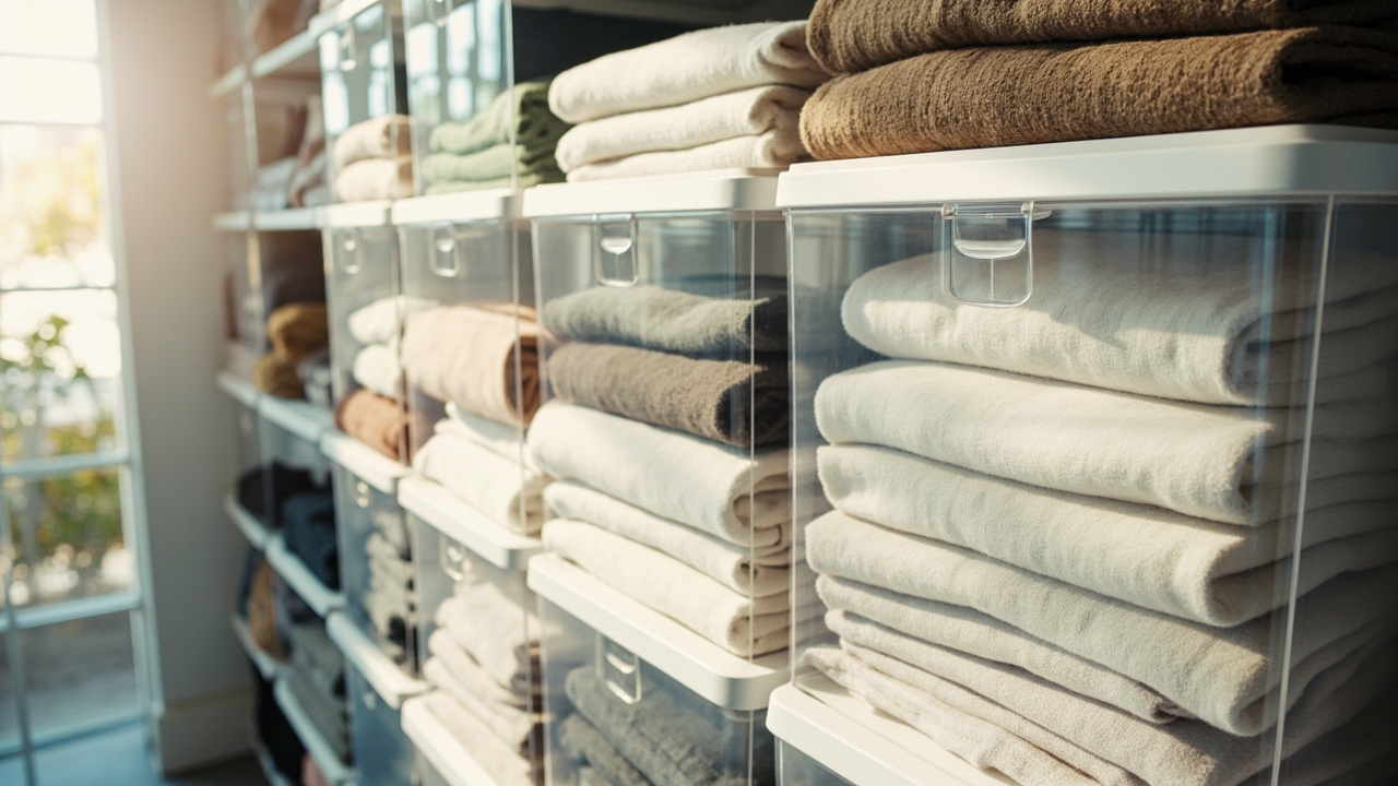 Open closet showing clear plastic bins on shelves with folded clothing visible