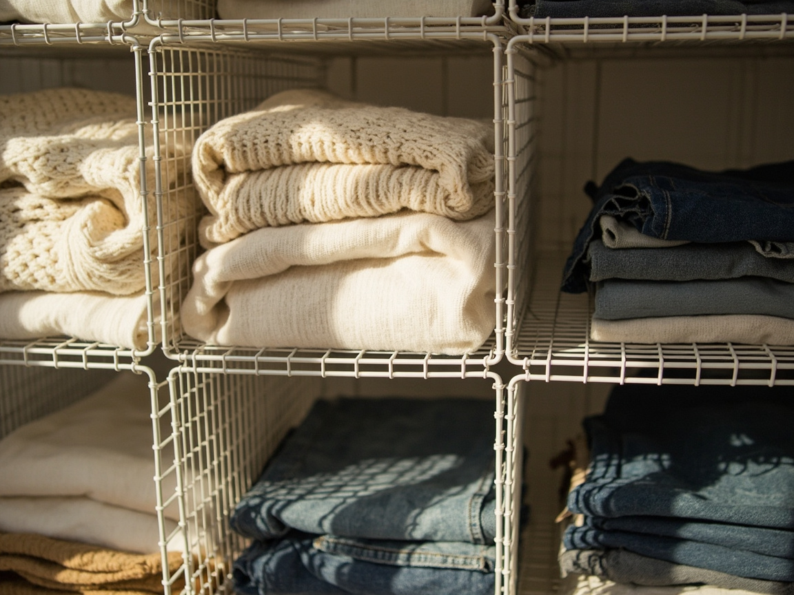 Bedroom closet with white wire cube 6-compartment organizer holding folded clothes in fabric bins