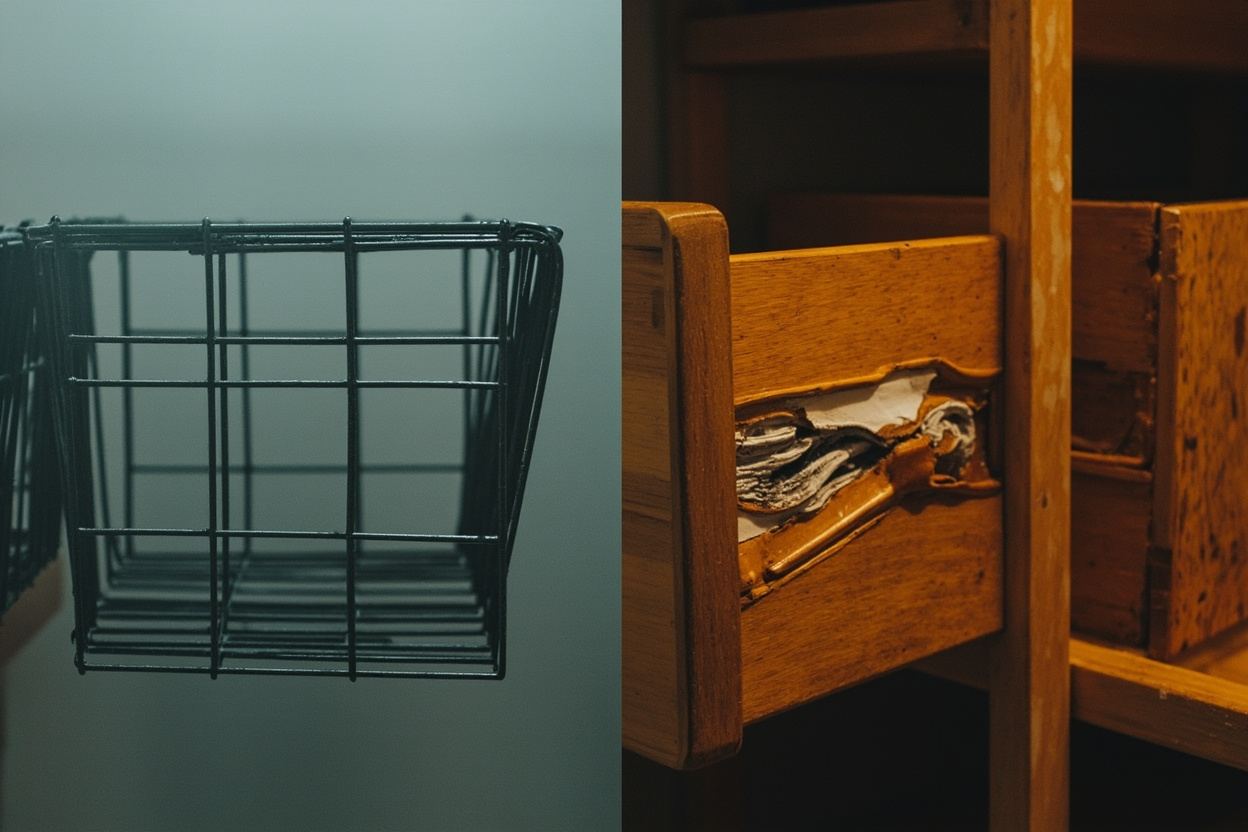 Side-by-side moisture comparison: wire cube in bathroom (no damage) vs wood closet with warped drawer from humidity