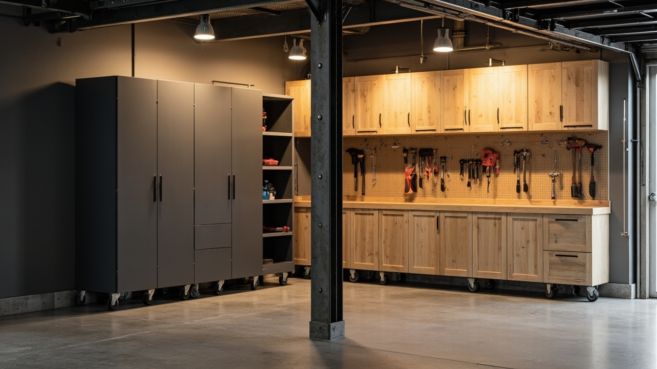 Garage workshop showing modular steel cabinets on the left and wooden cabinetry with a tool pegboard on the right