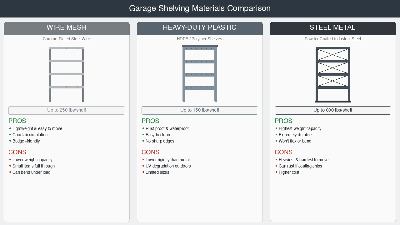 Floor shelving material comparison: steel, wire, and composite construction