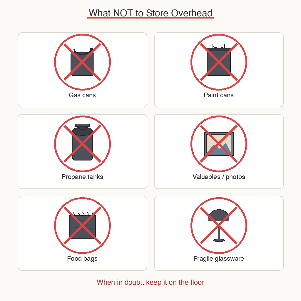 Checklist of items NOT to store overhead: flammables, fragile, weekly-use items
