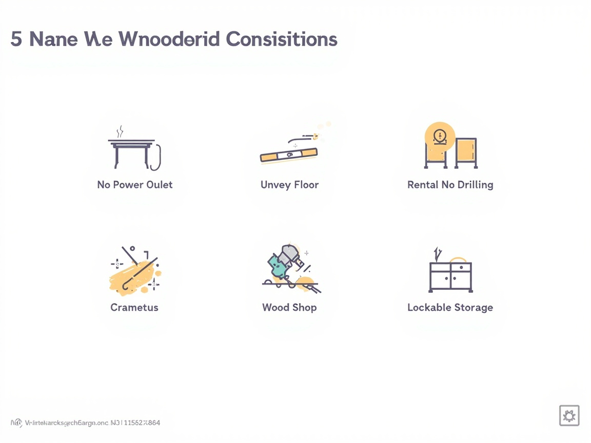 Five workbench constraints: no power, uneven floor, rental no-drill, wood shop finish, lockable storage