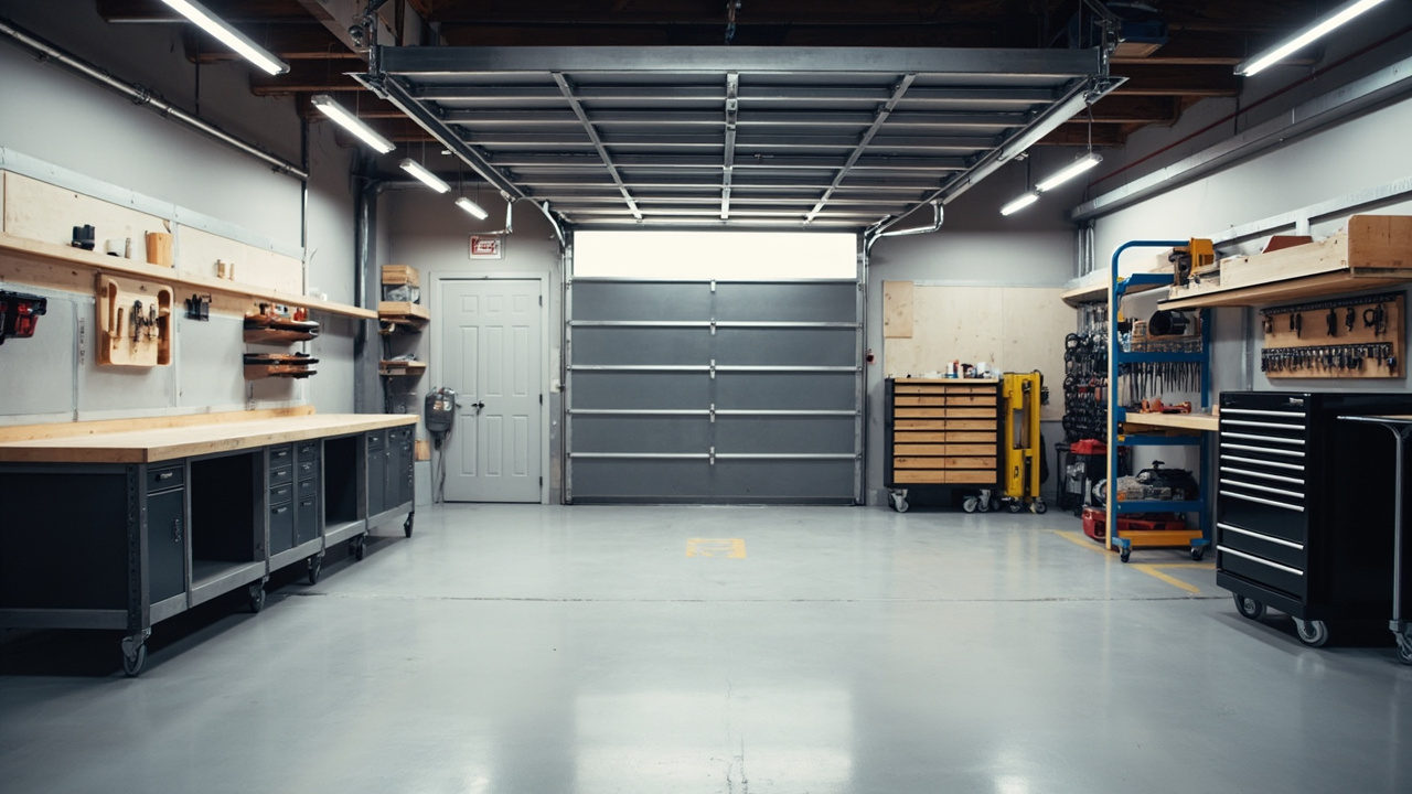 Three side-by-side garage floor plans showing workbench placement for 1-car, 2-car, and workshop garages
