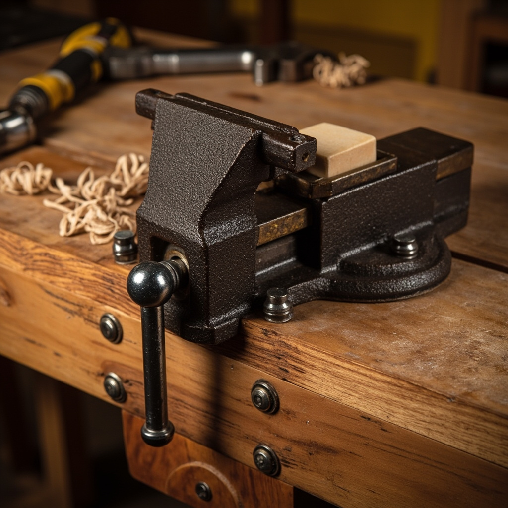 Technical diagram showing how to mount a bench vise to a workbench top with lag screws and a clamped workpiece