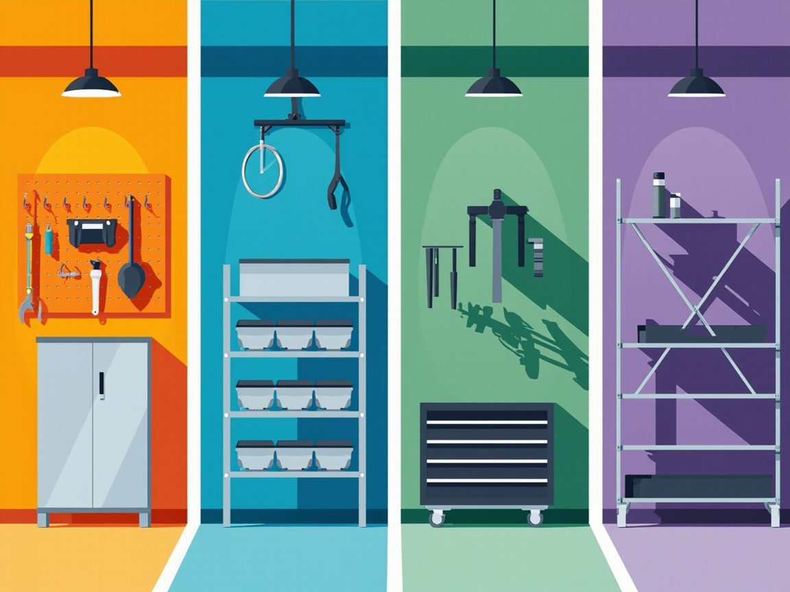 4-zone compact garage storage system showing wall tools, overhead storage, shelving with cabinet, and mobile cart