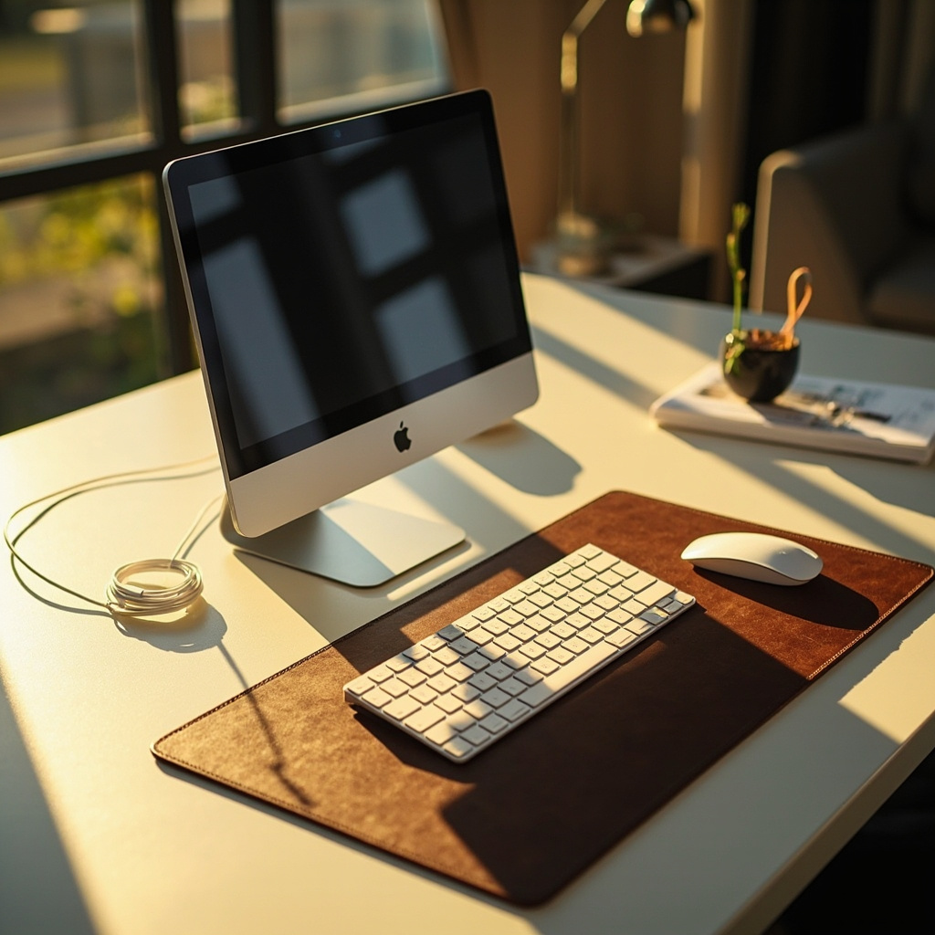 Minimalist desk surface after an end-of-day reset showing only a monitor, keyboard, mouse, and coiled cable in a clip