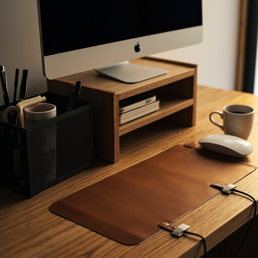 Side-view of a desk showing three frequency tiers from monitor riser at back to cable clips at front edge