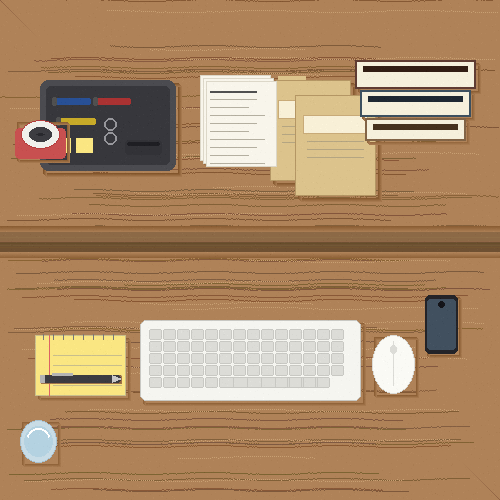 Top-down desk surface split into daily-touch items on the left and weekly items in a drawer on the right