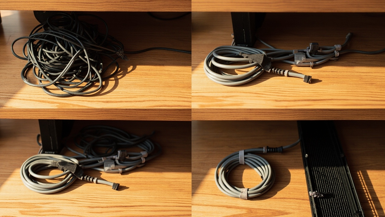 Four-step cable management system diagram: audit, route, secure, hide