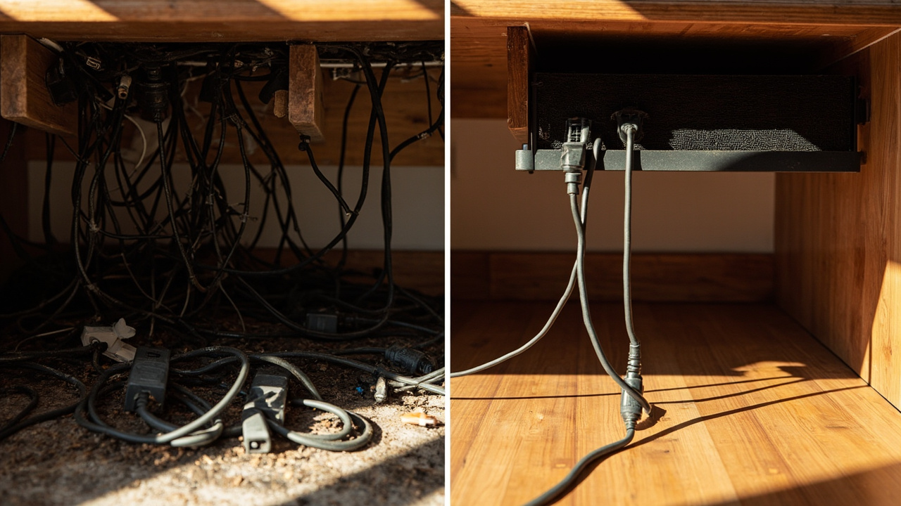 Before-and-after comparison of under-desk cable chaos versus organized tray and labeled cables