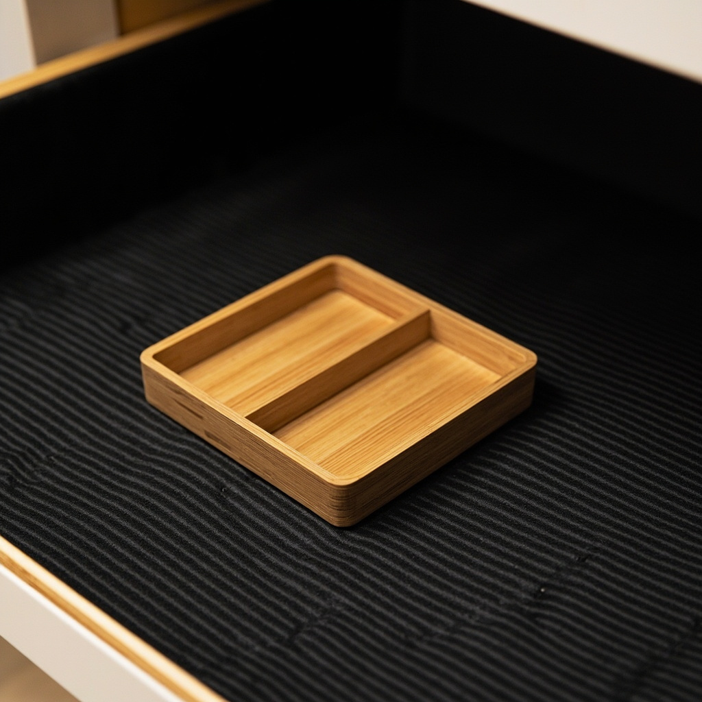 Drawer liner installation with custom-cut dividers for office supplies