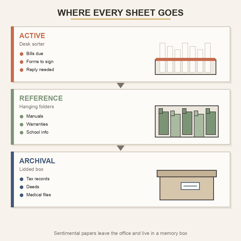 Three-bay paper flow showing Active desk sorter, Reference hanging folders, and Archival lidded box